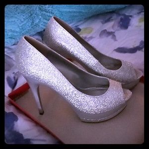 New women' high heel open toe silver glitters